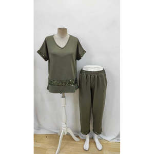 Women's Short-Sleeved V-Neck <b>Sequined</b> Viscose Two-Thread Blouse and <b>Pants</b> Two-Piece Set, 36145 - Khaki - Product Image 4