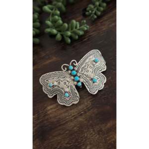 Barrette à cheveux vintage Jereme Delgarito Kingman, faite à la main en argent sterling et turquoise, motif papillon - Product Image 3