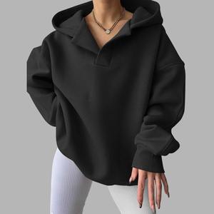 Sudadera con capucha de gran tamaño con cuello en V y forro polar clásico para mujer, sudadera transpirable de talla grande, ropa de invierno con bolsillo práctico - Product Image 3