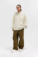 Pull col roulé oversize en maille torsadée pour femme, personnalisé avec logo frontal, décontracté, uni, manches trois-quarts ou sans manches, en laine mérinos, collection automne