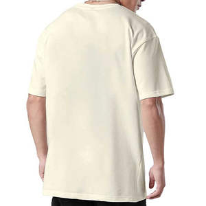T-shirt en coton beige surdimensionné pour homme, coupe ample, col rond, style streetwear décontracté - Product Image 4