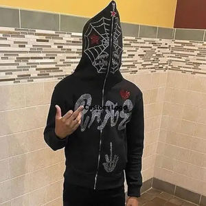 Hot Sale Heavyweight All Over Puff Print <b>Black</b> Face Zip up <b>Hoodie</b> <b>Men</b> Custom Full Zip Drawstring Korean <b>Hoodie</b> - Product Image 4