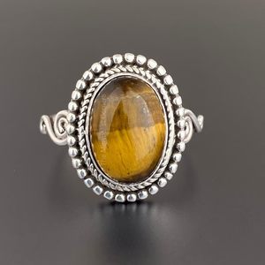 925 Sterling Silver Gold Plated Tiger Eye Gothic Classic <b>Statement</b> <b>Ring</b> 8 Gram Oval Cut Bohemian Handmade Bezel Setting Unisex - Product Image 2