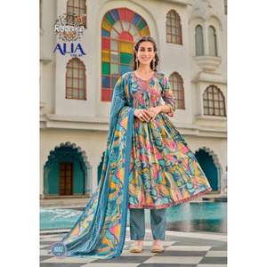 Diwali Collection meilleur tissu vêtements ethniques mousseline Kurti pantalon avec Dupatta avec broderie et dentelle travail approvisionnement en gros - Product Image 1