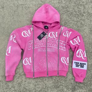 Autumn Casual 100% Cotton Zipper Hoodies Lined With 3D Embroidery Applique Acid Wash Beaded Techniques Solid Pattern Design - Product Image 4