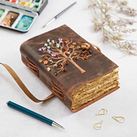 Journal en cuir de buffle gaufré motif Arbre de Vie, fait main, avec pierres précieuses, couverture rigide, fermeture à sangle, recyclé, pour Nouvel An et Remise de diplôme