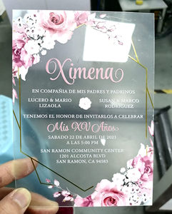 Barato Asequible 1mm PVC Transparente Invitación Tarjeta <span class=keywords><strong>DE</strong></span> <span class=keywords><strong>BODA</strong></span> Rosa Floral Oro Impresión Quinceañera <span class=keywords><strong>Invitaciones</strong></span> MIS XV ANOS - Product Image 1