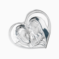 Plaque religieuse personnalisable en argent plaqué, fabriquée en Italie, Sainte Famille en forme de cœur, estampage, impression UV, décoration d'intérieur, dos en métal
