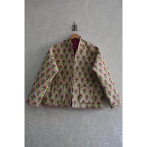 Veste en coton matelassée réversible écologique à imprimé floral tissé à la main pour femmes, manches longues, vêtements d'extérieur - Product Image 1