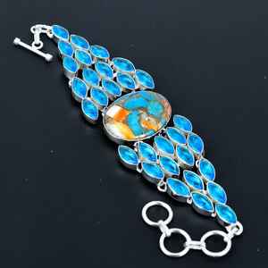 Pulsera de Plata de Ley 925 Hecha a Mano con Piedra de Nacimiento de Diciembre, Topacio Azul y Ostra Espinosa Naranja Natural para Ella - Product Image 1