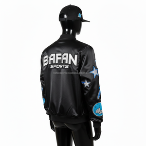 Veste bomber en satin de luxe pour femmes, thème spatial noir, broderie sur le panneau avant, panneaux avec logo personnalisé, veste en satin pour femmes - Product Image 5