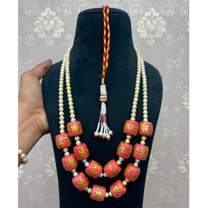 Natural Coral Barrel 22 Inch 2 Layer Beaded Trendy Necklace for Women Taiwan Coral with Real White Pearls <b>Beads</b> Necklace Jewelry - Product Image 2