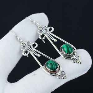 925 argent Sterling plaqué Style bohème à la mode vert Malachite ovale pierre précieuse lunette naturelle fête porter balancent boucle d'oreille - Product Image 5