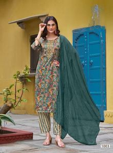 DESIGNER CHINON SECUENCIA DE HILO BORDADO DE SECUENCIA TRABAJO TOP BOTTOM con DUPATTA SKY Conjunto de 3 piezas Tela satinada Ropa diaria Mujer - Product Image 4