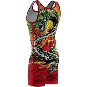 Singlet de Lucha Libre para Hombre con Estampado de Dragón, Rojo, Verde y Amarillo, Sublimado, Poliéster Transpirable, Estilo Pantalones Cortos para Adultos - Product Image 6