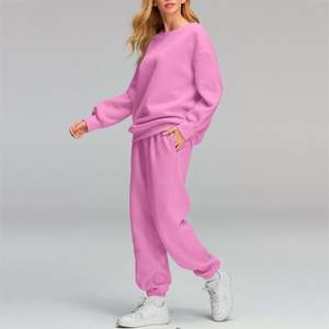 Qualité supérieure 100% coton Style couleur pleine longueur femmes survêtement plaine surdimensionné deux pièces ensemble survêtement pour dames - Product Image 1