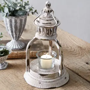 Decoraciones navideñas minimalistas Mini linterna de soporte de luz de té de metal con pátina antigua blanca para escritorio y colgar