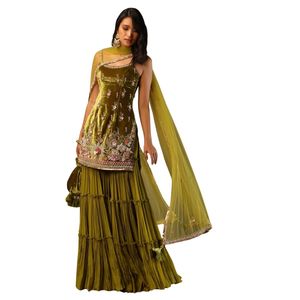 Abito Sharara in velluto verde muschio con ricami floreali Multicolor per donne abiti da cerimonia nuziale abiti etnici firmati - Product Image 5