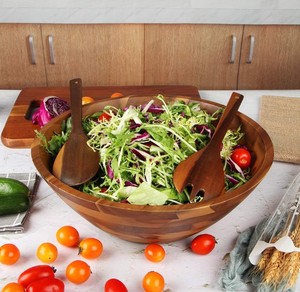 Bol de service en bois d'acacia rustique fait à la main pour mélanger la salade et les fruits vaisselle de style américain en gros du Vietnam - Product Image 6