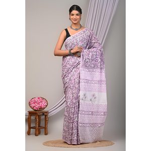 Sari en coton imprimé au bloc avec silhouette droite - Product Image 1