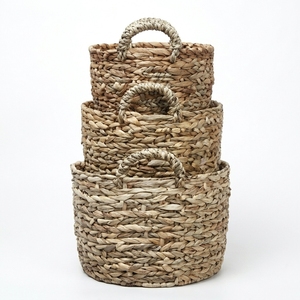 Juego de Cestas de Almacenamiento de Jacinto de Agua Tejidas a Mano Naturales con Asas, Macetas Redondas, Cestas de Lavandería, Decoración, Diseño de Arte Puro - Product Image 1