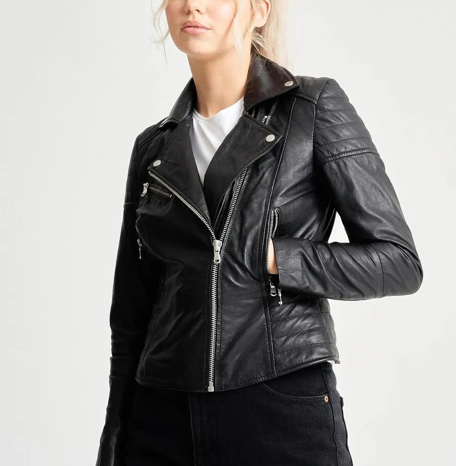 Chaqueta de cuero para mujer, chaqueta de cuero negro de invierno, chaquetas de cuero genuino para motocicleta con estilo personalizado para mujer