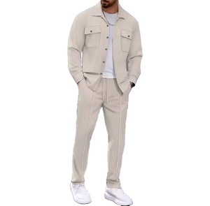 Conjunto de dos piezas para hombre, estilo europeo y americano, otoño, pantalones de manga larga, cárdigan y camisa lisos. - Product Image 1
