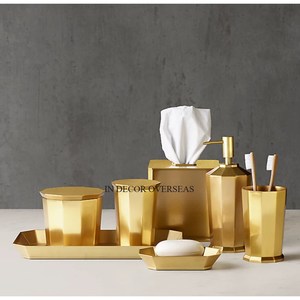 Set Of 7 Aluminum Casted High Grade Gold Plated Soap Dispenser Dish Tooth <b>Brush</b> Holder Bucket Napkin Holder And Tray From India - Product Image 6