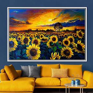 Impression sur toile de paysage naturel au coucher du soleil - Œuvre d'art champêtre avec champ de tournesols, 1P : encadré blanc - Product Image 1
