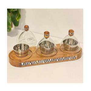 ชุดภาชนะใส่อาหารแห้งสแตนเลส 3 ชิ้น พร้อมฝาแก้วและฐานไม้ สำหรับอุปกรณ์ครัว - Product Image 1