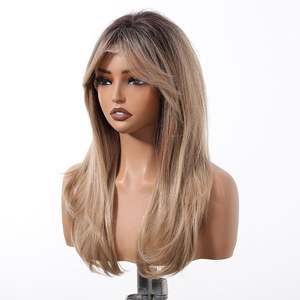 Melanie-DWY High Quality Premium Synthetic Lace Front Long Straight Layered Glueless <b>Wig</b> Transparent Lace Small Cap Bangs Blonde - Product Image 6