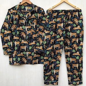 Tiger Print Pure Cotton <b>Pajamas</b> Set Soft Night Suit for Her-Indian Cotton Animal Print Dress for Sleepwear or Gift - Product Image 1