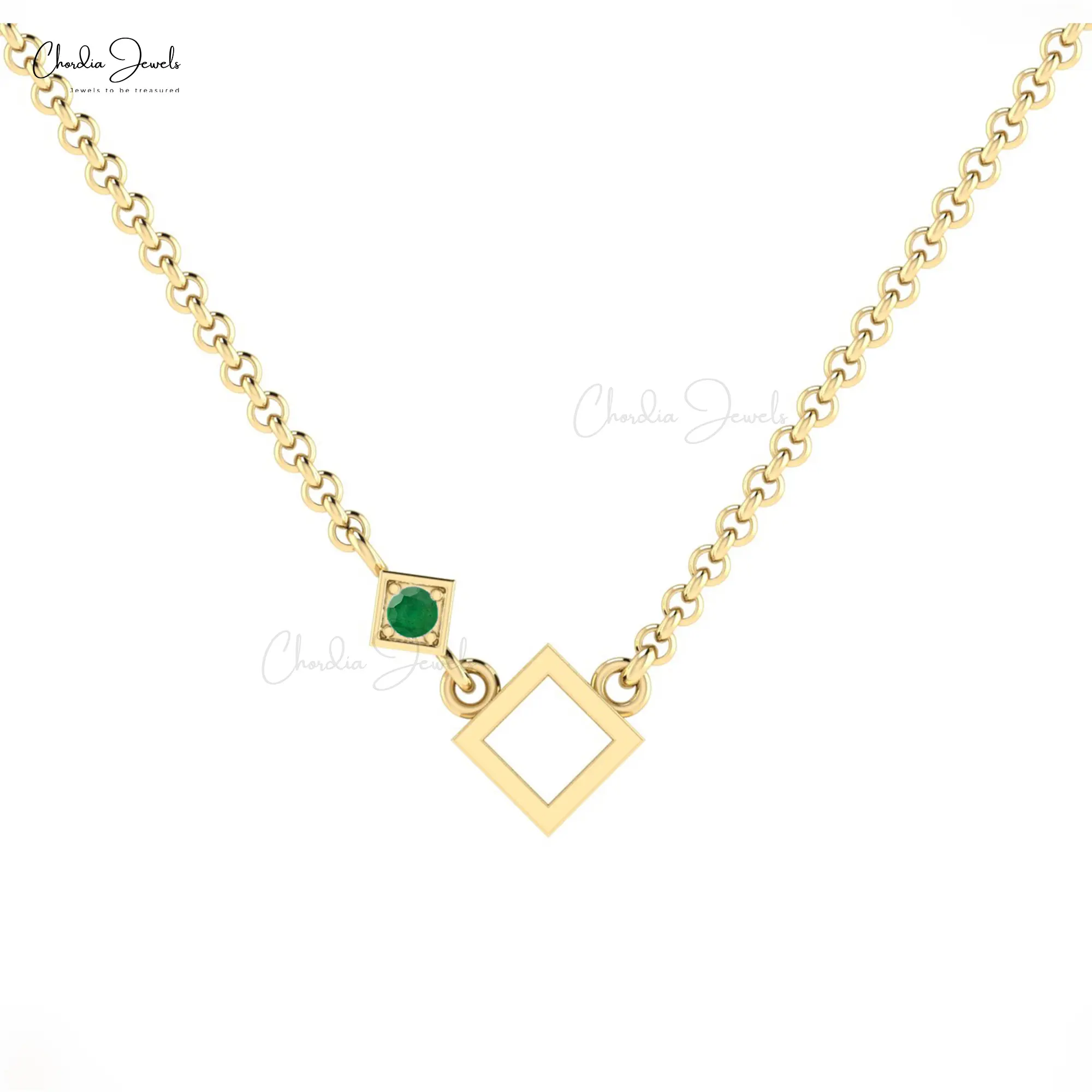 Diseño único Collar acentuado 14K Oro Cuadrado Marco abierto Collar Colgante Redondo Verde Esmeralda Joyas de piedras preciosas