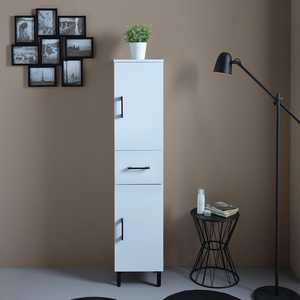 Ravenna White Bathroom Semi-Column Cabinet Organizer with Doors and <b>Drawer</b> - Product Image 2