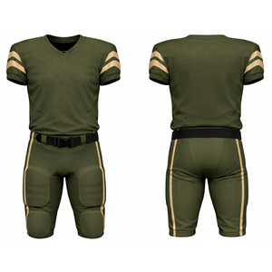 Maillot de football américain vert olive très demandé, performance professionnelle, avec rayures doubles chevron sur les manches et pantalon - Product Image 3