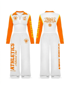 Conjunto de camiseta y pantalón de felpa, base blanca, panel de manga naranja, corte holgado, logo bordado e impreso, conjuntos personalizados para mujer - Product Image 1