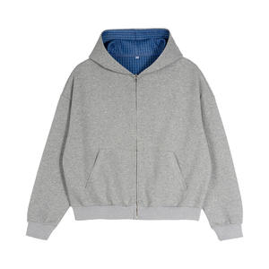 Sweat à capuche réversible double couche personnalisé, doublure en flanelle à carreaux, fermeture éclair, coton épais, streetwear, veste réversible à fermeture éclair - Product Image 2