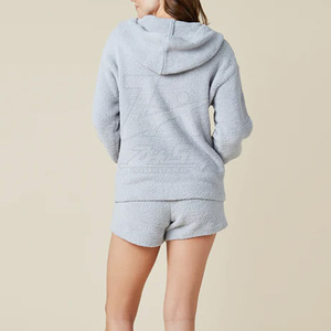 Women's High Quality 100% Cotton Fleece Hoodie & Shorts Set Elastic Waist Breathable Fitness <b>Tracksuits</b> for Winter Sports Wear - Product Image 3