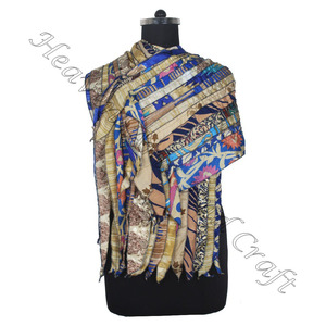 Sari en soie recyclée 15 bandes foulards faits à la main de concepteur étole châles SC625 soie fine en gros recyclé Vintage Sari femme écharpe - Product Image 3