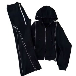 Ensemble de survêtement unisexe grande taille en coton 100% de haute qualité, style streetwear hiver, délavé à l'acide, avec strass, 2 pièces - Product Image 6