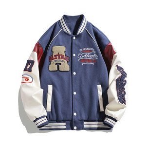 Best Selling Men's Canvas Varsity <b>Jackets</b> Breathable College Streetwear Stand Collar Baseball Letterman Embroidery <b>Patches</b> OEM - Product Image 2