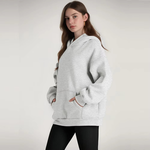 Femmes couleur unie à manches longues sport pull à capuche capuche surdimensionné grande poche Logo personnalisé lavage à l'acide Technique Badge avant - Product Image 2