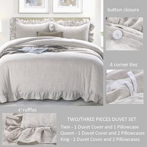 100% Stone Washed Cotton Duvet Cover Set 3-Piece <b>Ruffled</b> Style Button Closure Corner Ties 200TC for Home Hotel King Sizes-All - Product Image 3