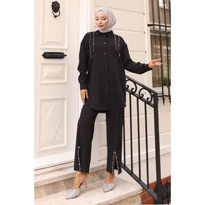 Ensemble décontracté 2 pièces noir avec détails perles 19259 100% polyester col rond manches longues longueur midi décoration en tissu - Product Image 3