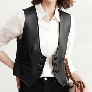 Tops cortos de cuero para hombre, moda de invierno 2024, chaleco con cuello en V profundo, chaleco negro informal, ropa de calle, chaqueta sin mangas sólida - Product Image 5