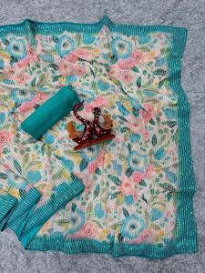 ส่าหรีอินเดียแบบดั้งเดิมที่ขายดีที่สุดสำหรับผู้หญิงสาวๆพิมพ์ลายดอกไม้สวยงาม - Product Image 5