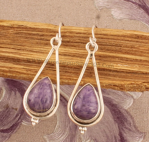 Charoite ต่างหูหินลูกแพร์925แข็งทำด้วยมือเงินสเตอร์ลิงทำด้วยมือแบบวินเทจสำหรับเป็นของขวัญครบรอบแต่งงาน - Product Image 6