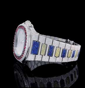 Hip Hop Style Sport Fashion Customized Stainless Steel Red <b>Blue</b> White Moissanite Diamond Quartz 42mm Iced <b>Watch</b> for <b>Men</b> Women - Product Image 2