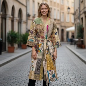 Vintage Silk Kantha Quilted Kimono Robe: Handmade Patchwork <b>Cardigan</b> - Product Image 3