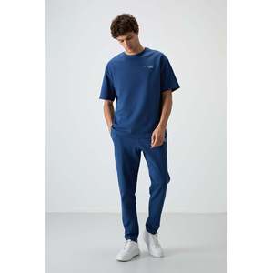 Air Jones Men's Oversize Fit Navy Blue Cotton Blend Soft Embroidered Tracksuit Set, Thick Double <b>Face</b> Interlock Fabric - Product Image 4
